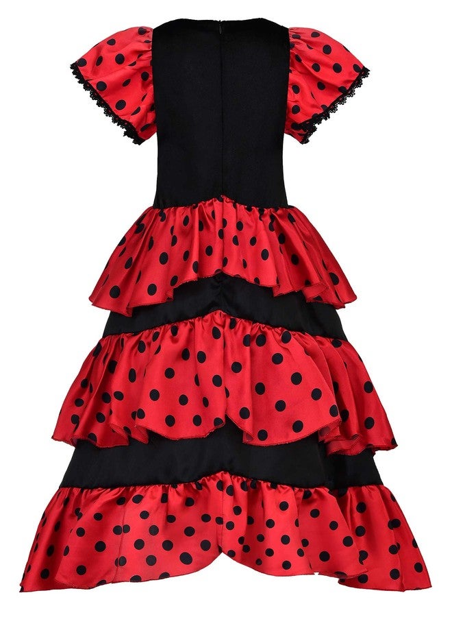 ReliBeauty Girls Flamenco Costume Spanish Dancer Skirt Kids Halloween Fancy Dress with Red Flower, 10-12/150 - Image 2